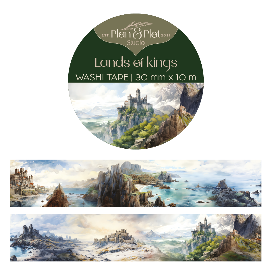 Plan & Plot Studio - Vente Rubans adhésifs Washi - Washi tape « Lands of Kings » avec paysages et châteaux médiévaux1