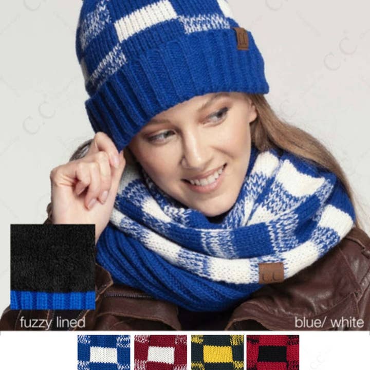 Hana - Wholesale Beanie - Women's - C.C Buffalo Check Team Color Beanie with Pom Winter Beanie