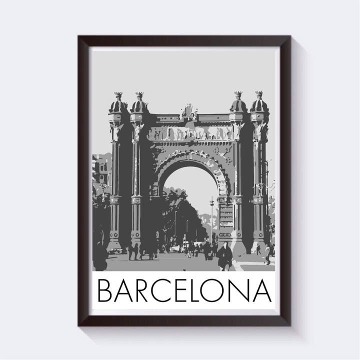 Impresión de arte de viaje en escala de grises de Barcelona, España, 6 tamaños para venta al por mayor de 2 Sisters