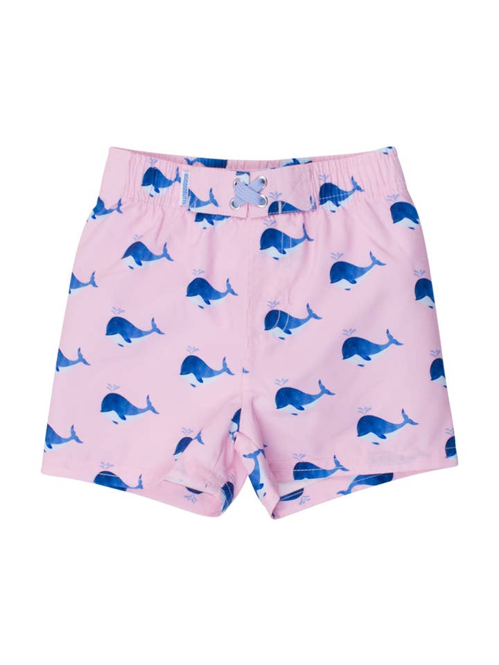 Boys Pink Whale Friends Swim Trunks for wholesale on Faire