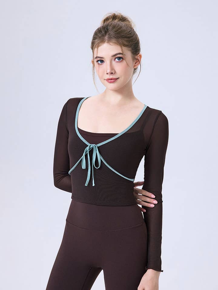 Crave by FW - Wholesale Athletic Top - Women's - Faux Two Piece Long Sleeve Mesh Crop Top Tie Yoga T-Shirts5