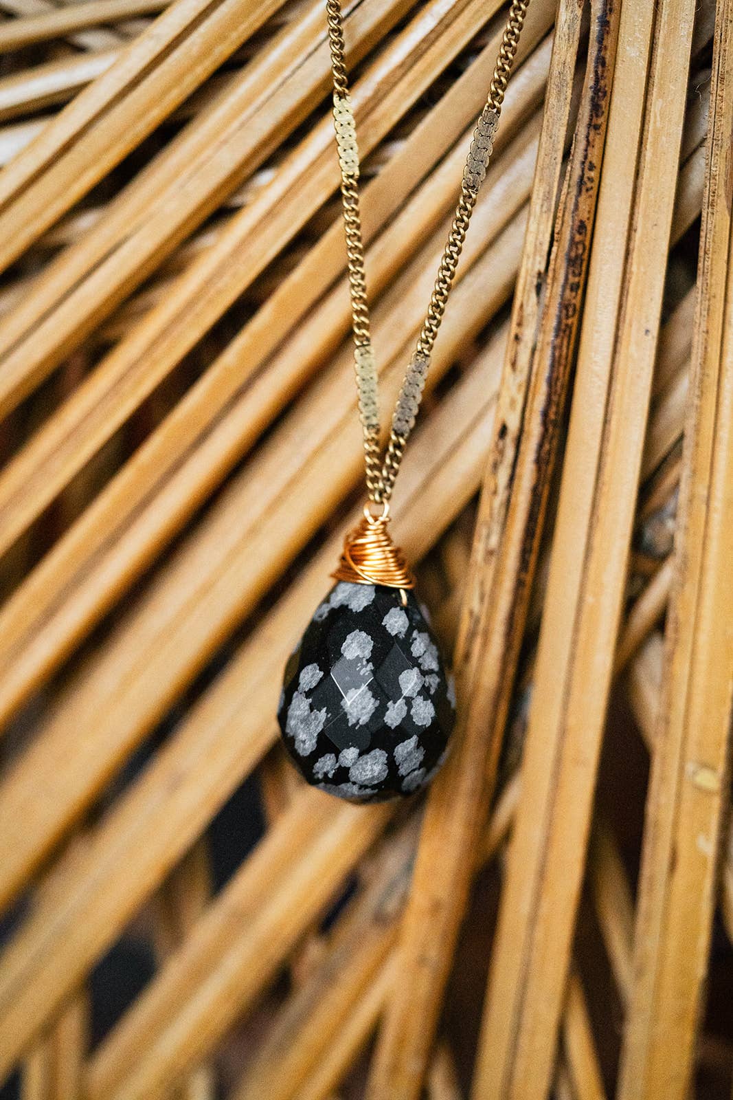 Bella Vita Jewelry - Wholesale Pendant/Charm Necklace - Zara Natural Stone Drop Necklace | Snowflake Obsidian0