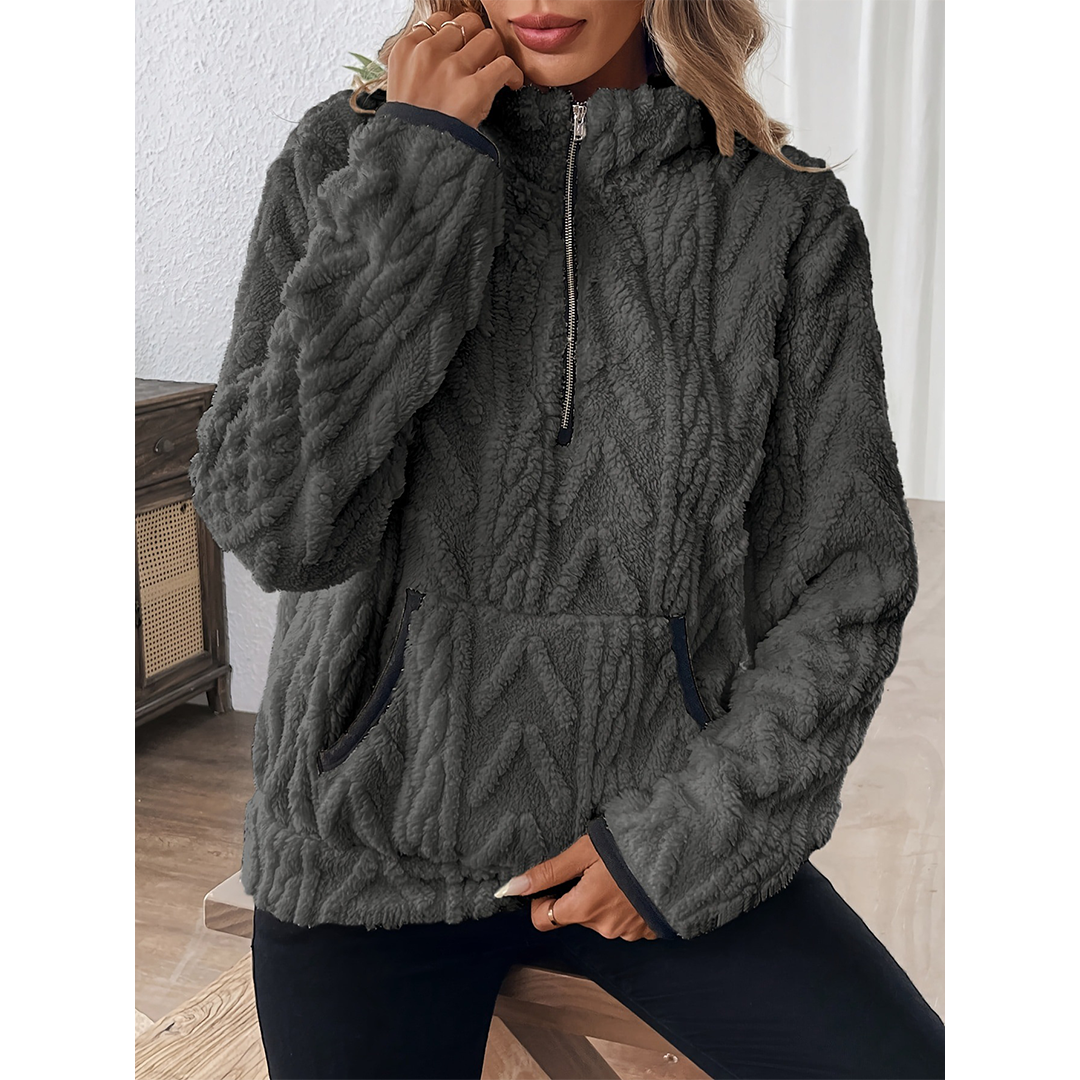 UNISHE - Wholesale Sweatshirt - Women's - Collared Jacquard Half-Zip Fleece Pocket Sweatshirt ZK372010