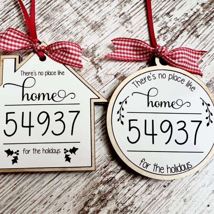Zipcode Ornament, House shaped or Round, White with birch for wholesale by SJ Imaginations