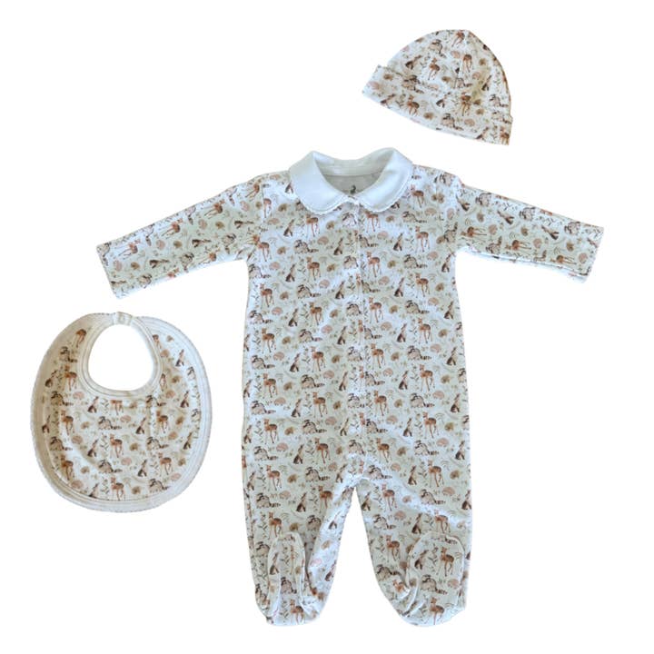 Coffret cadeau pour nouveau-né Pima Cotton Forest Animals (footie+chapeau+bavoir) pour la vente par Pim Baby