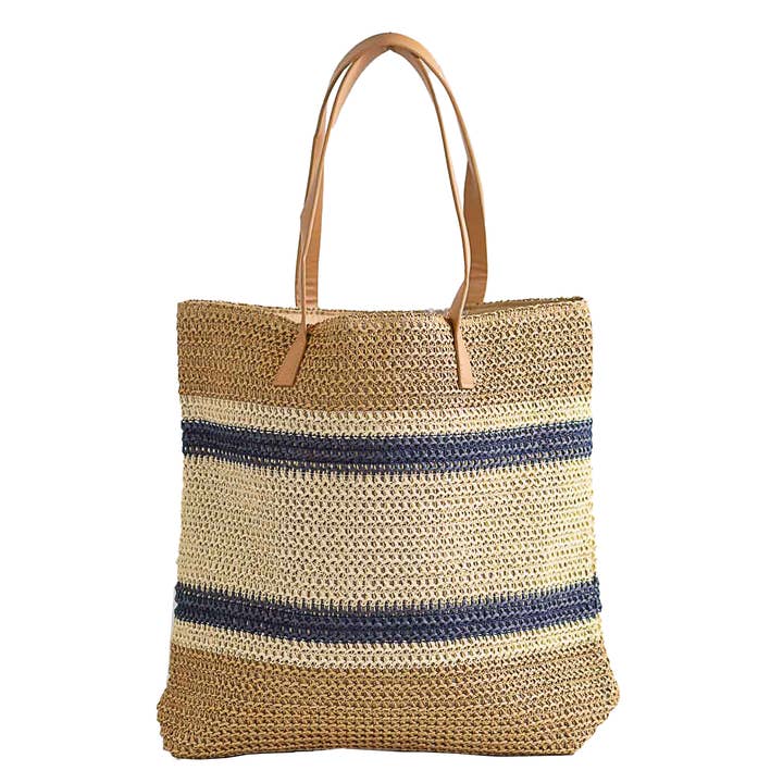 Sarasota Straw Tote Natural/Navy 18x14x5 for wholesale by The Royal Standard