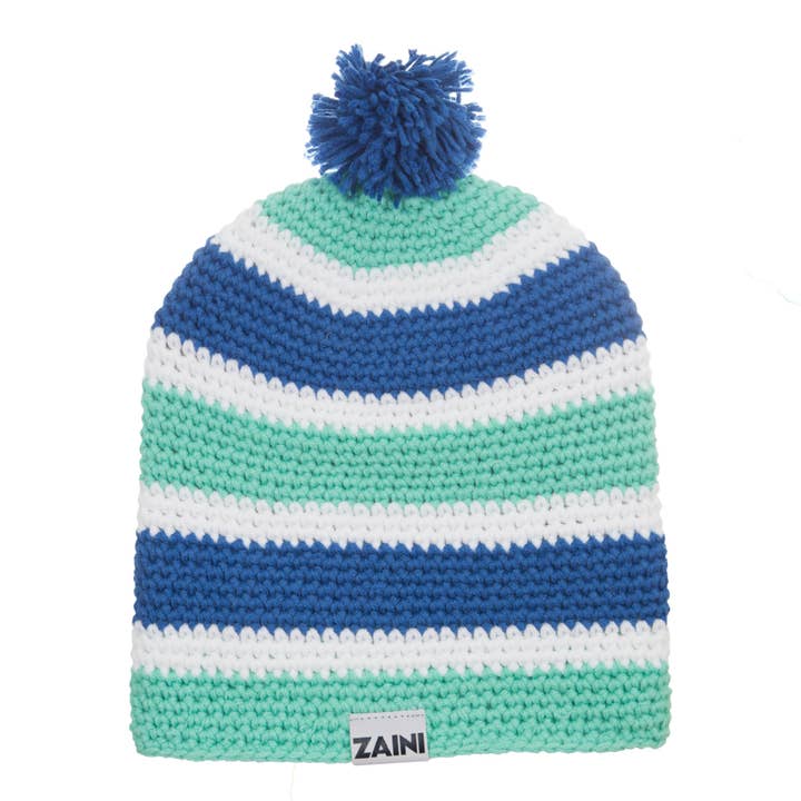 ZAINI Lifestyle Ltd – wholesale Beanie – Women's – Oban, Mint Green, Blue and White Lined Beanie Bobble Hat