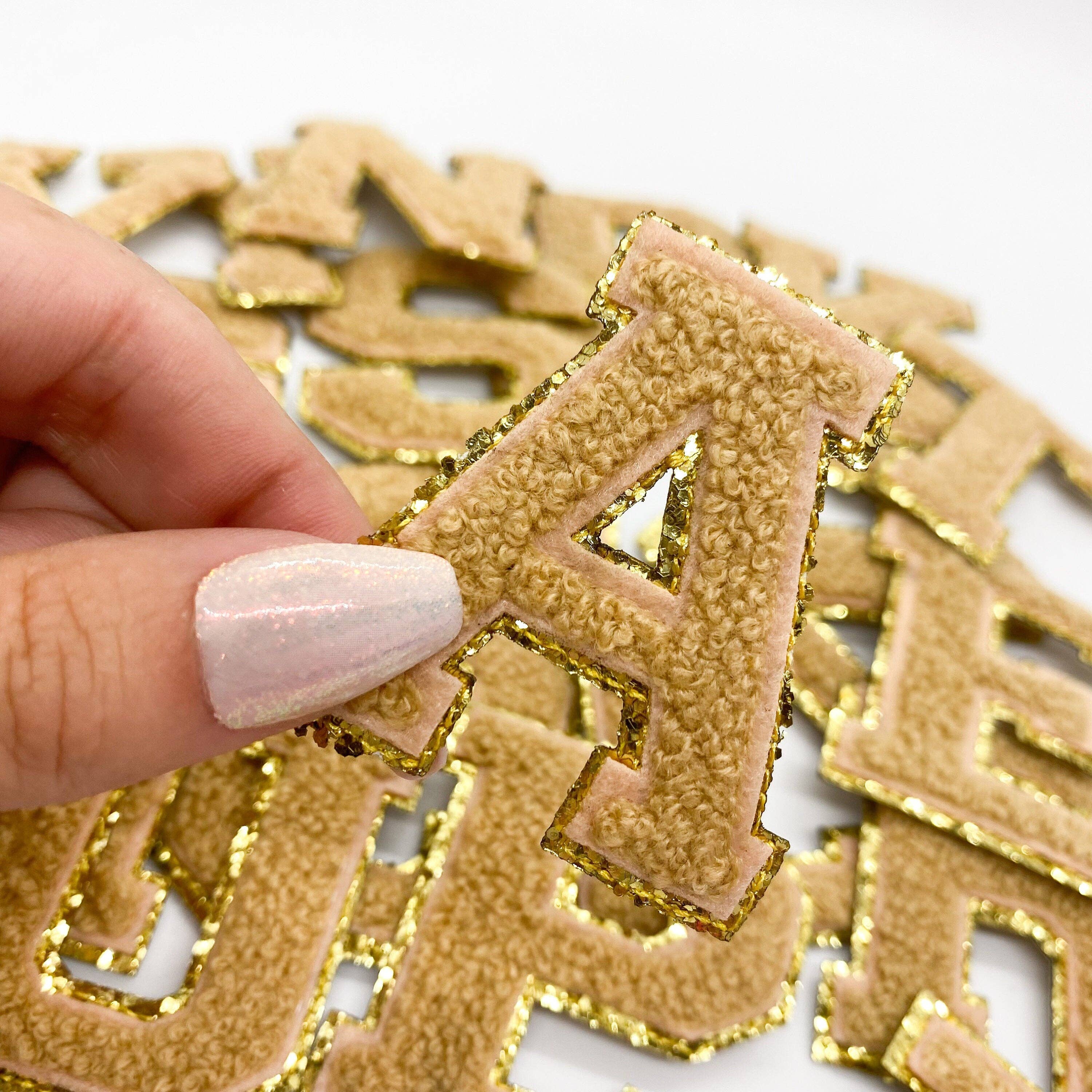 XOKendallCo - Wholesale Patch - Tan Varsity Chenille Initial Patch, Gold Letter1