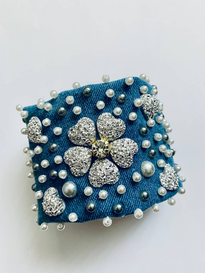 Silver Hearts Handmade Denim Bracelet with Pearls & Crystals for wholesale by GARELL