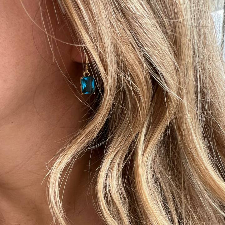 True by Kristy Jewelry - Wholesale Huggie Earrings - Presley Blue Baguette Huggie Hoops Gold Filled Earrings