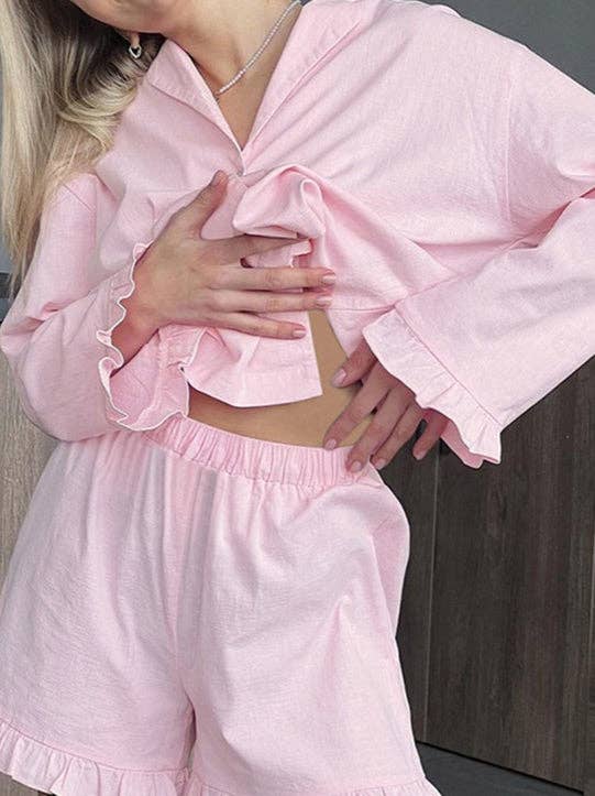 pink Baumwoll-Pyjama-Set mit Spitzenbesatz Damen Pink N5A366 für den Großhandel auf Faire1