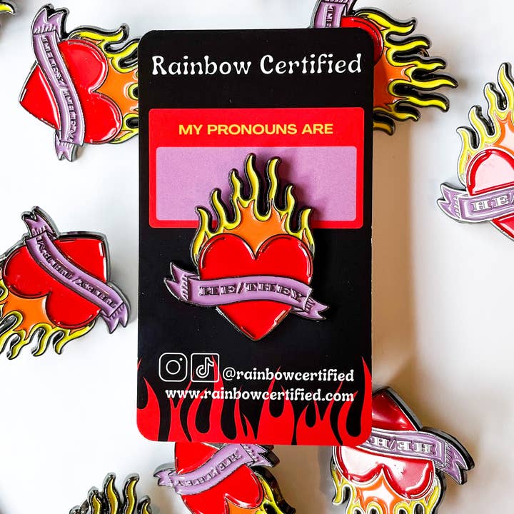 Rainbow Certified - Wholesale Lapel pin/button - Flaming Heart Pronoun Pins5