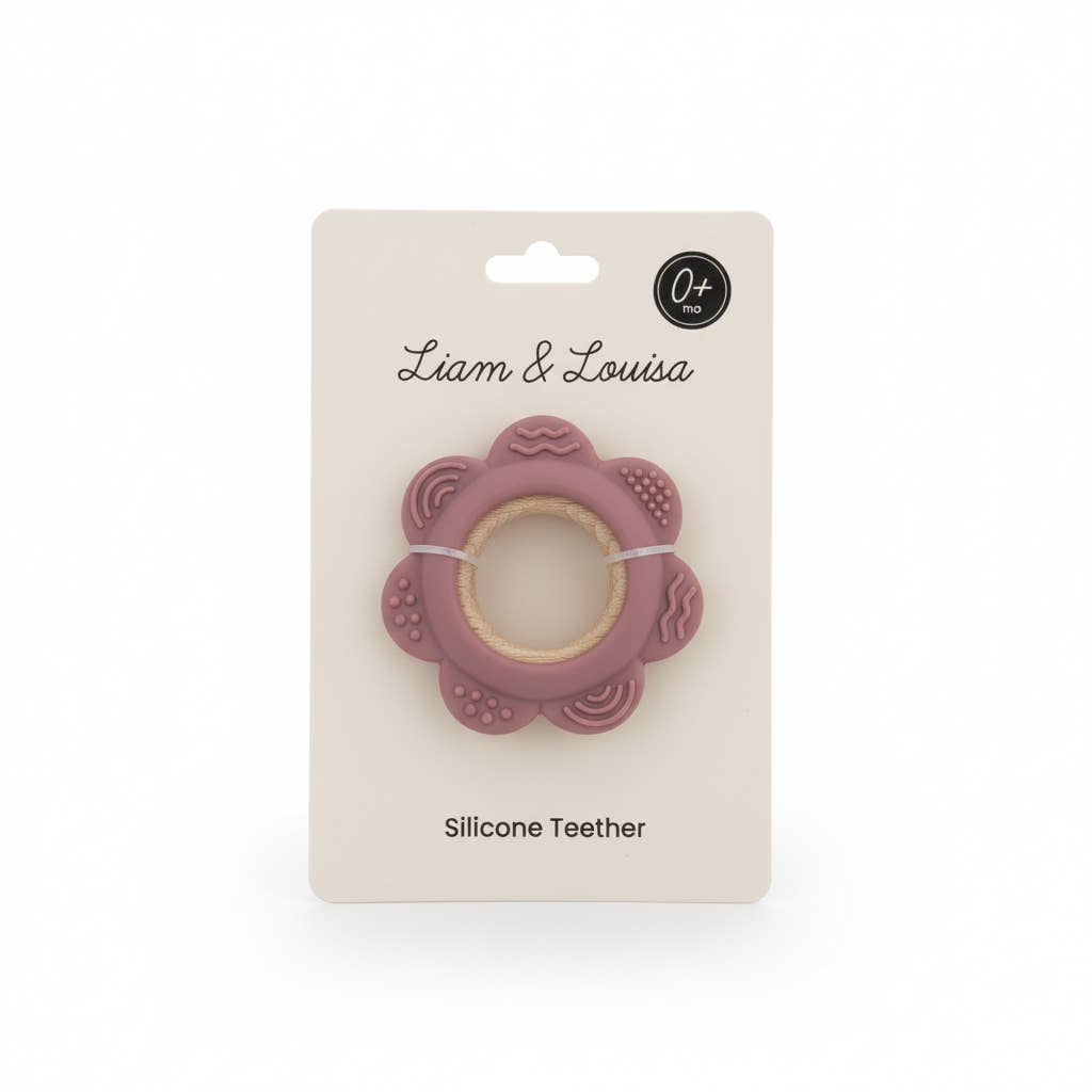 Giften Market - Wholesale Teether (Not Clip-On) - Baby - Pink Flower Silicone & Beechwood Baby Ring Teether - Blush