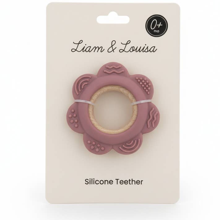 Giften Market - Wholesale Teether (Not Clip-On) - Baby - Pink Flower Silicone & Beechwood Baby Ring Teether - Blush0