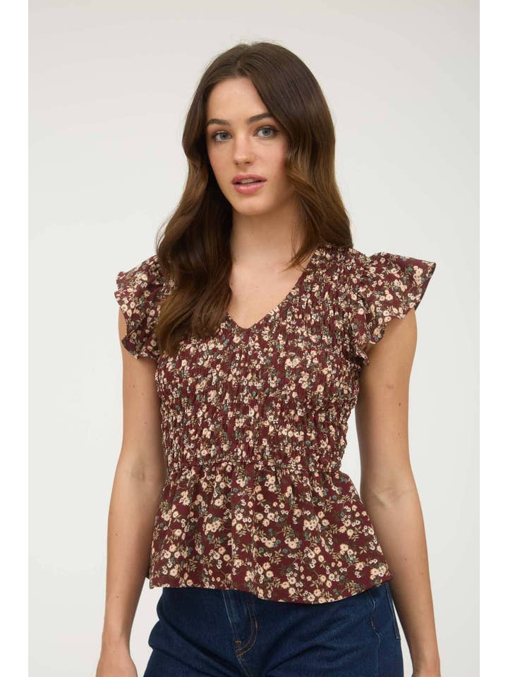 MINE - Wholesale Blouse - Women's - FLORAL SMOCKED V NECK RUFFLE SLEEVE TOP