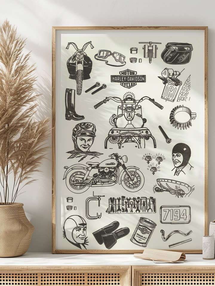 Affiche Risograph vintage avec accessoires Harley Davidson pour la vente par Back of Beyond Press