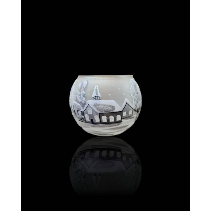 Glass by Iness - Wholesale Candle Holder - Small Frosted Glass Candle Holder, Hand Crafted in Ukraine, White Church Winter Wonderland, Wonderful Year Round1