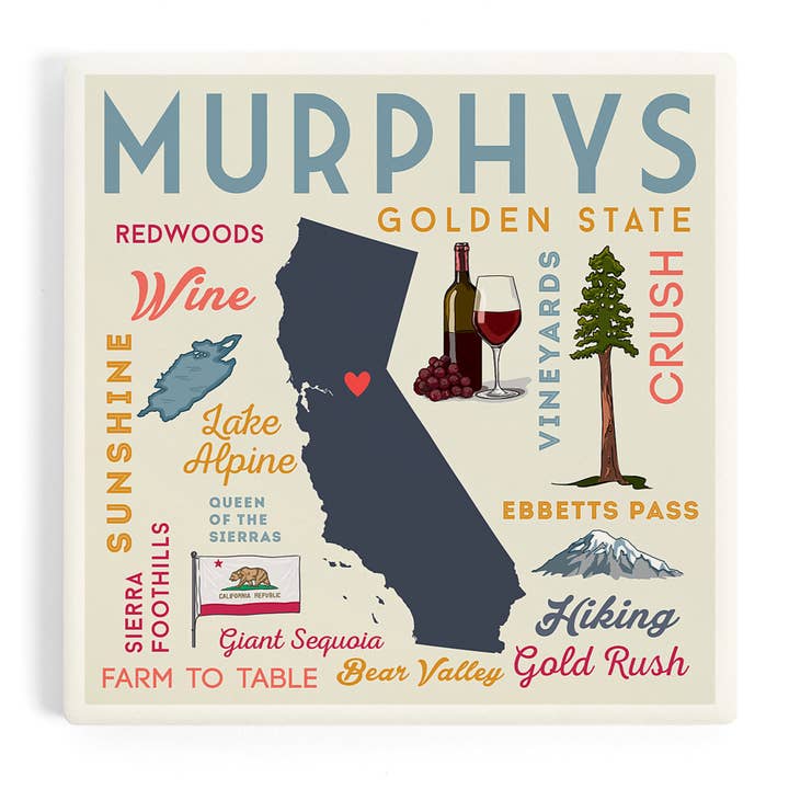 Lantern Press - Wholesale Coasters - Ceramic Coaster Murphys, California, Typography and Icons…