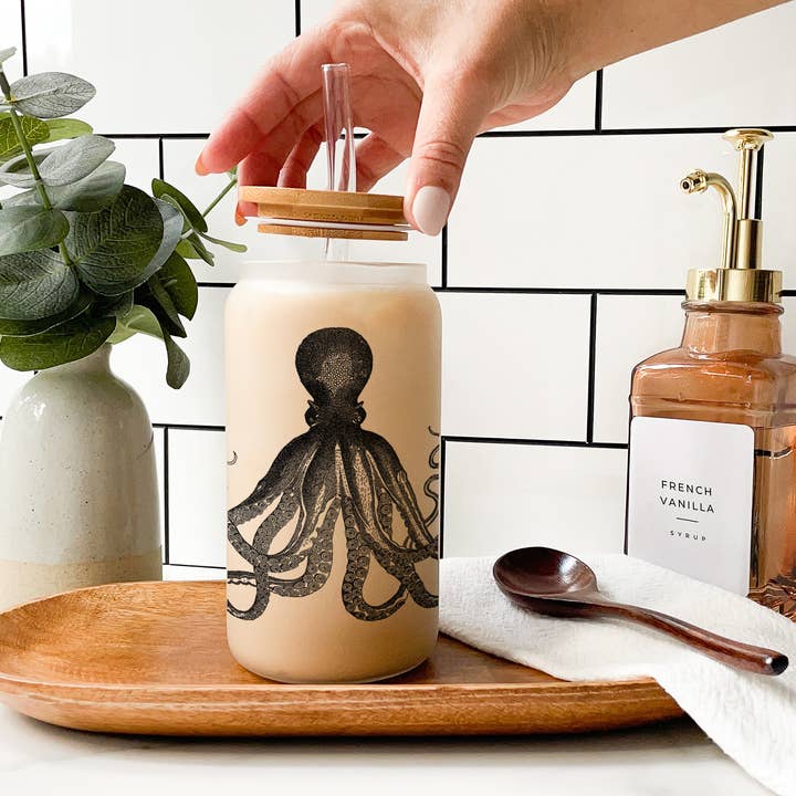The Traveled Lane® - Wholesale Drinking Glass/Cup - Octopus 18oz Frosted Glass Tumbler & Bamboo Lid