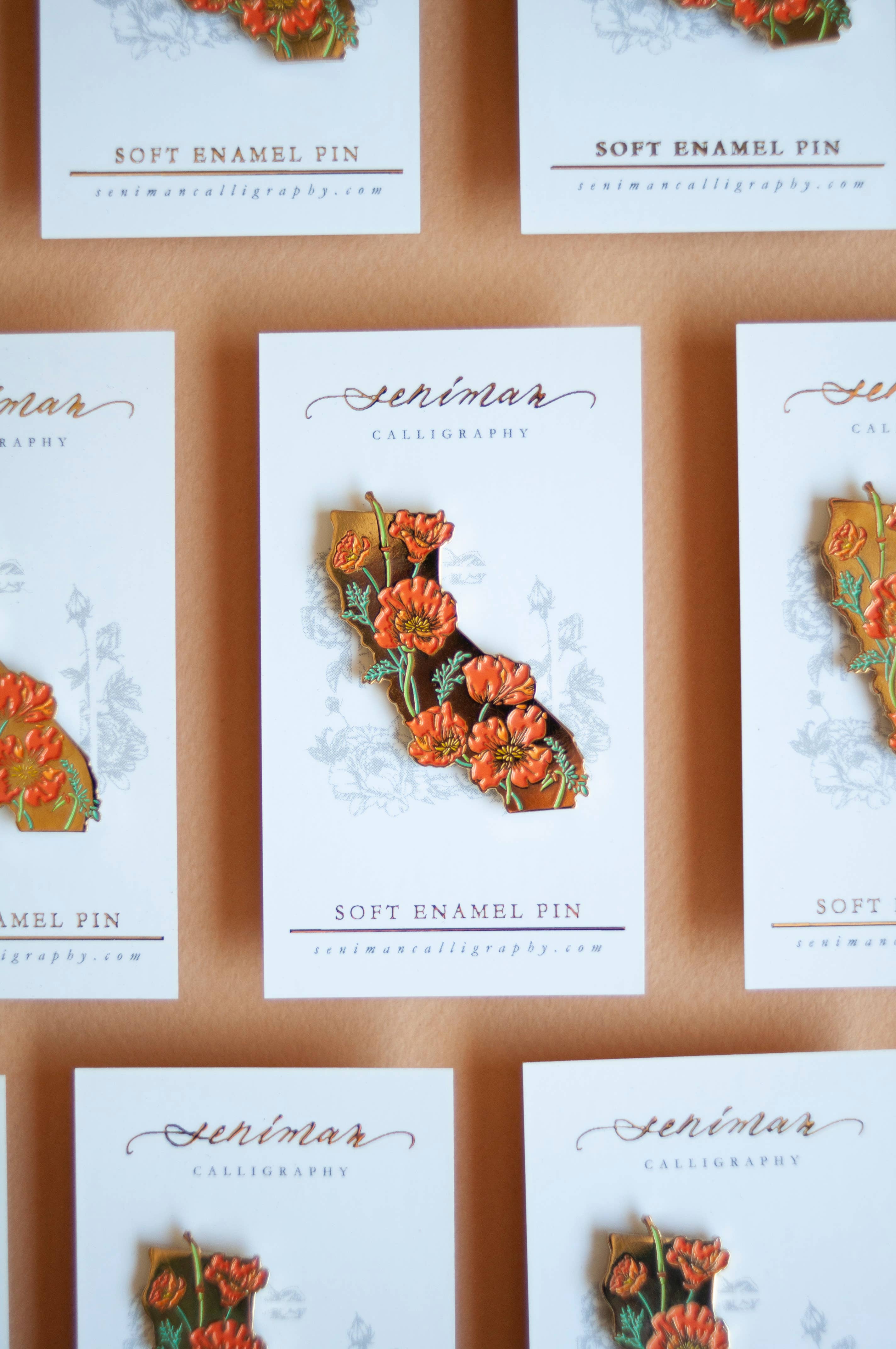 Seniman Calligraphy - Wholesale Lapel Pin/Button - California Poppy Gold Enamel Pin5