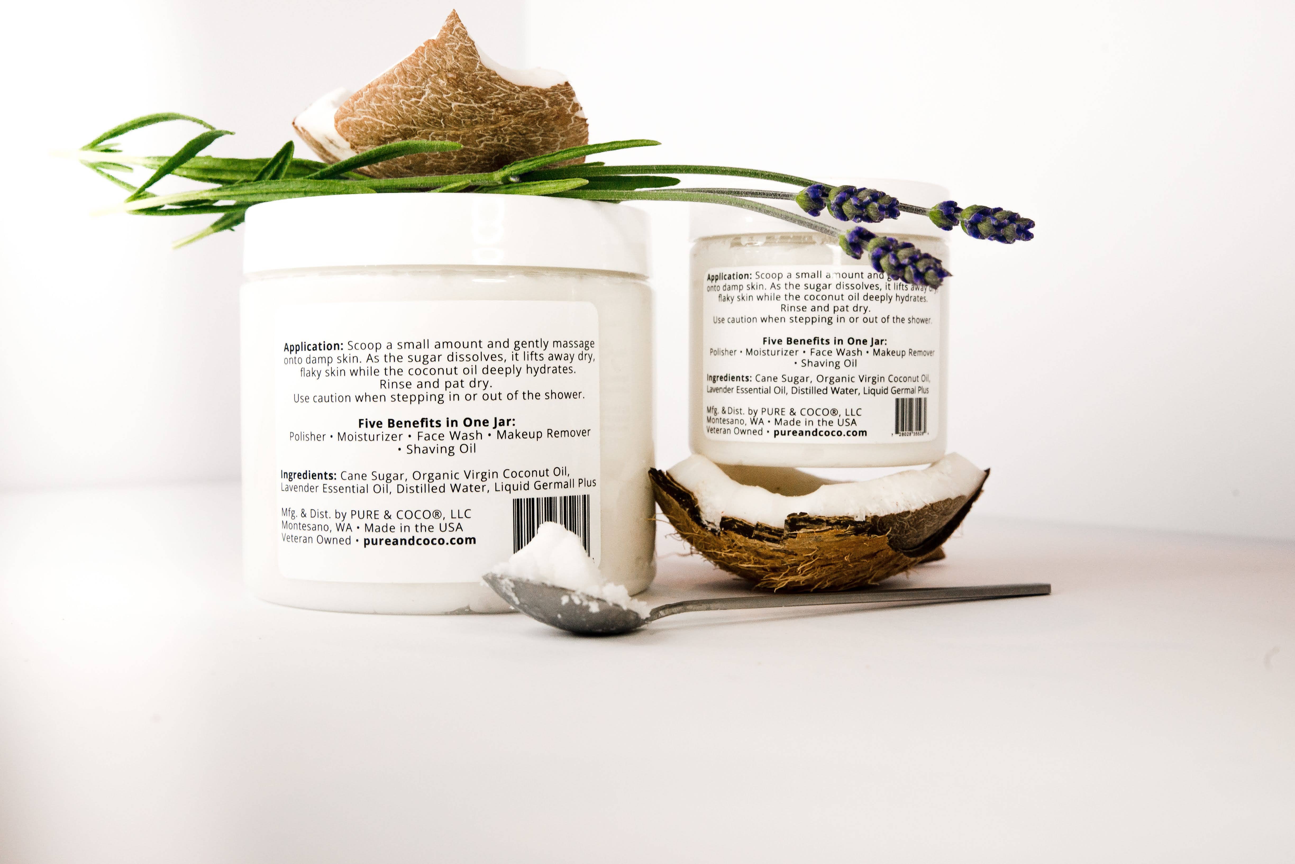 Pure & Coco | Organic Coconut Oil Skincare - Wholesale Facial Exfoliant/Scrub - LAVENDER & COCONUT Organic Coconut Oil Face and Body Polish3