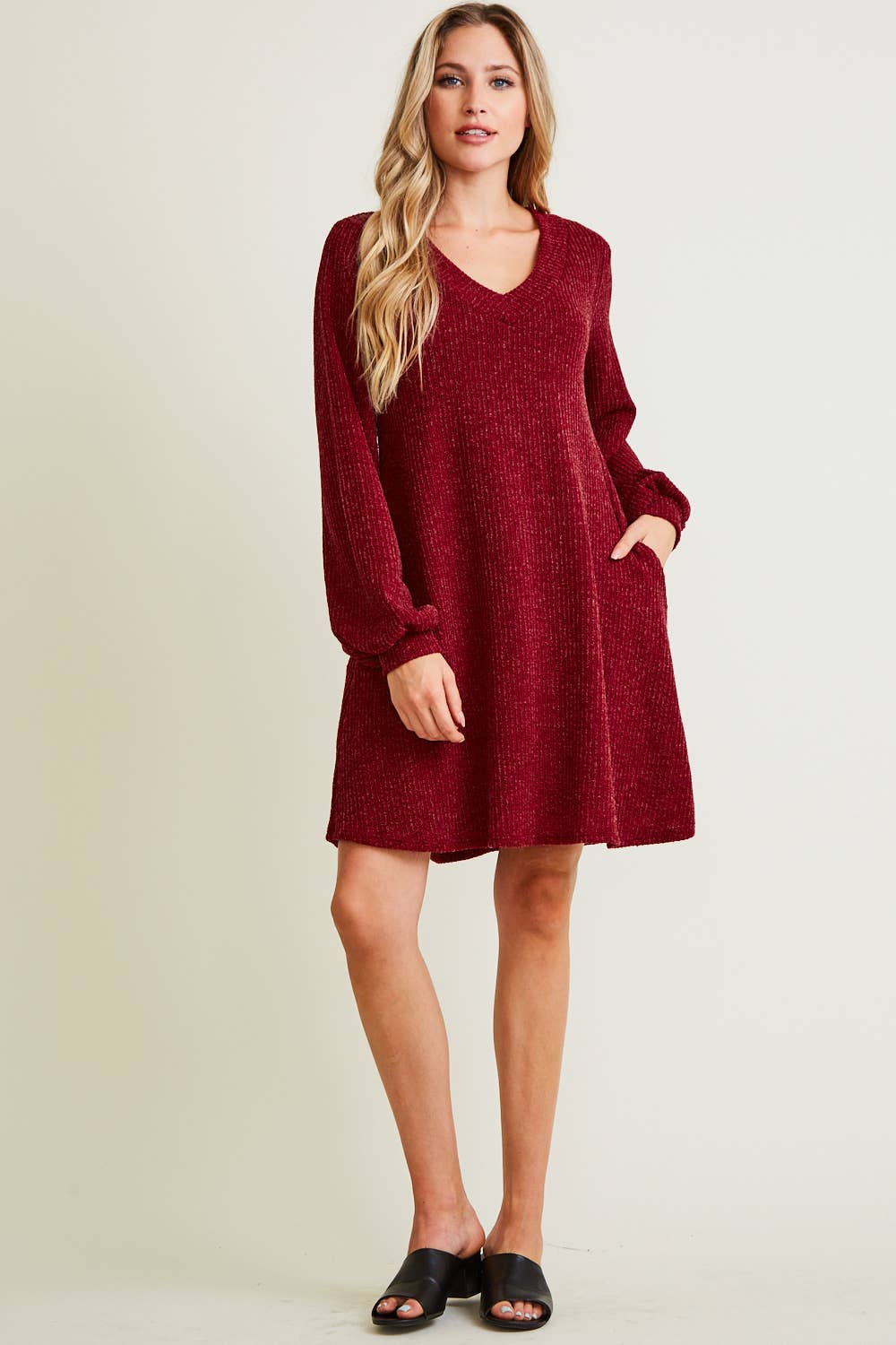Saints & Hearts - Wholesale Dress - Women's - SD2109A WINE V-NECK RIB SWEATER DRESS - FALL TREND5