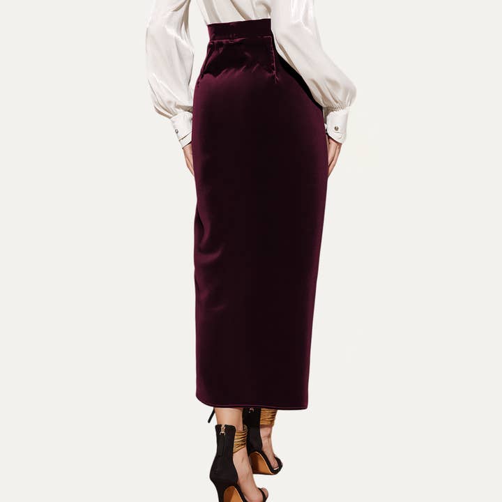 Never Outdated Burgundy Velvet Tie-Front Tulip Midi Skirt for wholesale on Faire8