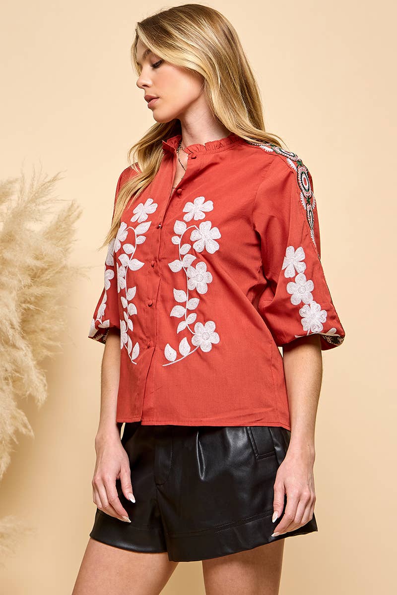 RUST Floral Embroidery Blouse  for wholesale on Faire9