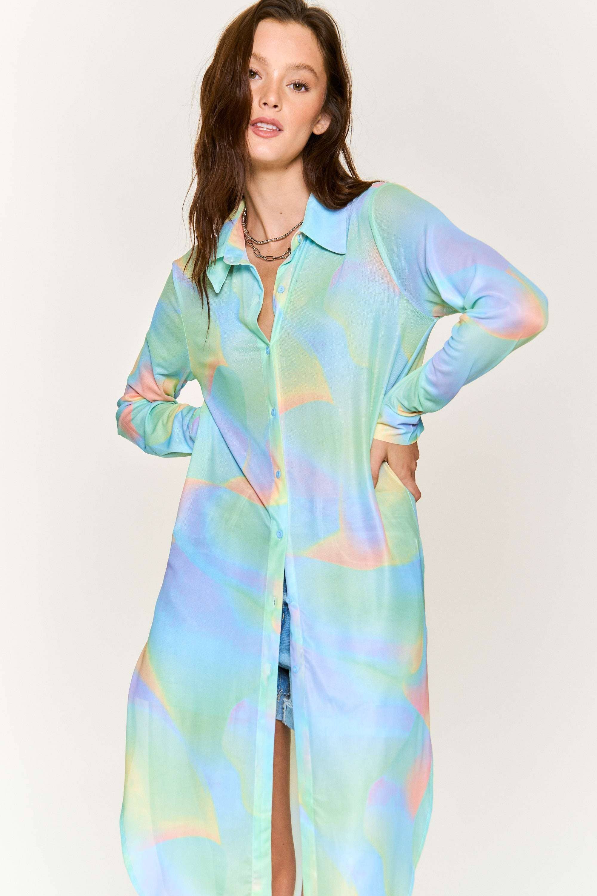 Hers & Mine - Wholesale Button Down Shirt - Women's - MESH TIE DYE BUTTON DOWN TUNIC SHIRT4