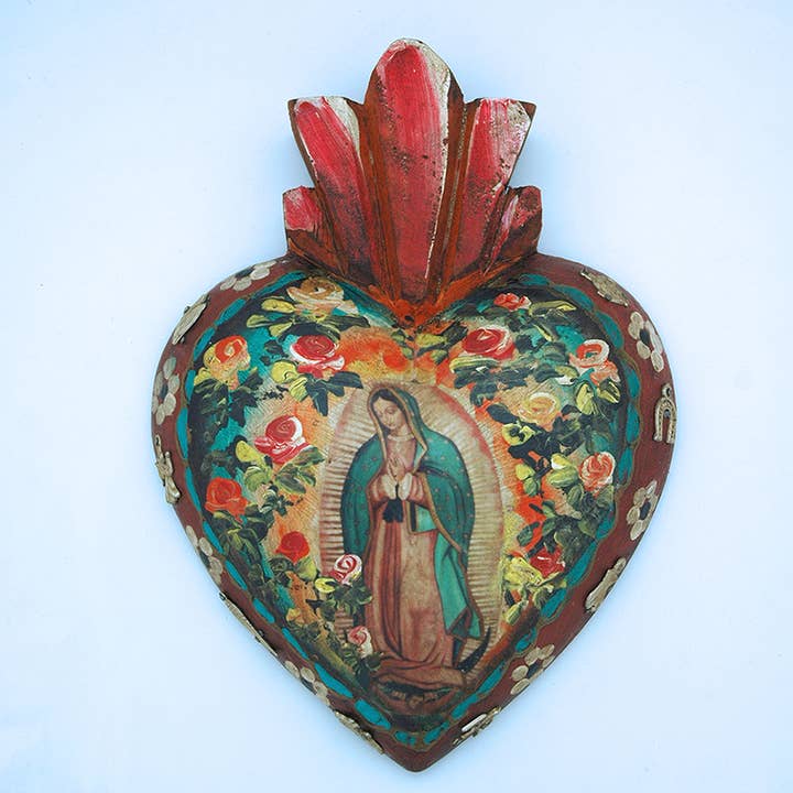 Contreras Designs - Wholesale Wood Wall Art - MXH4GD - Mexican Guadalupe Painted Wood Heart Wall Art