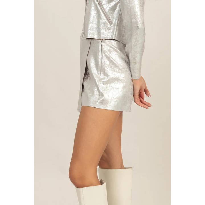 SILVER Creased Foil Suede Wrap Mini Skirt for wholesale on Faire