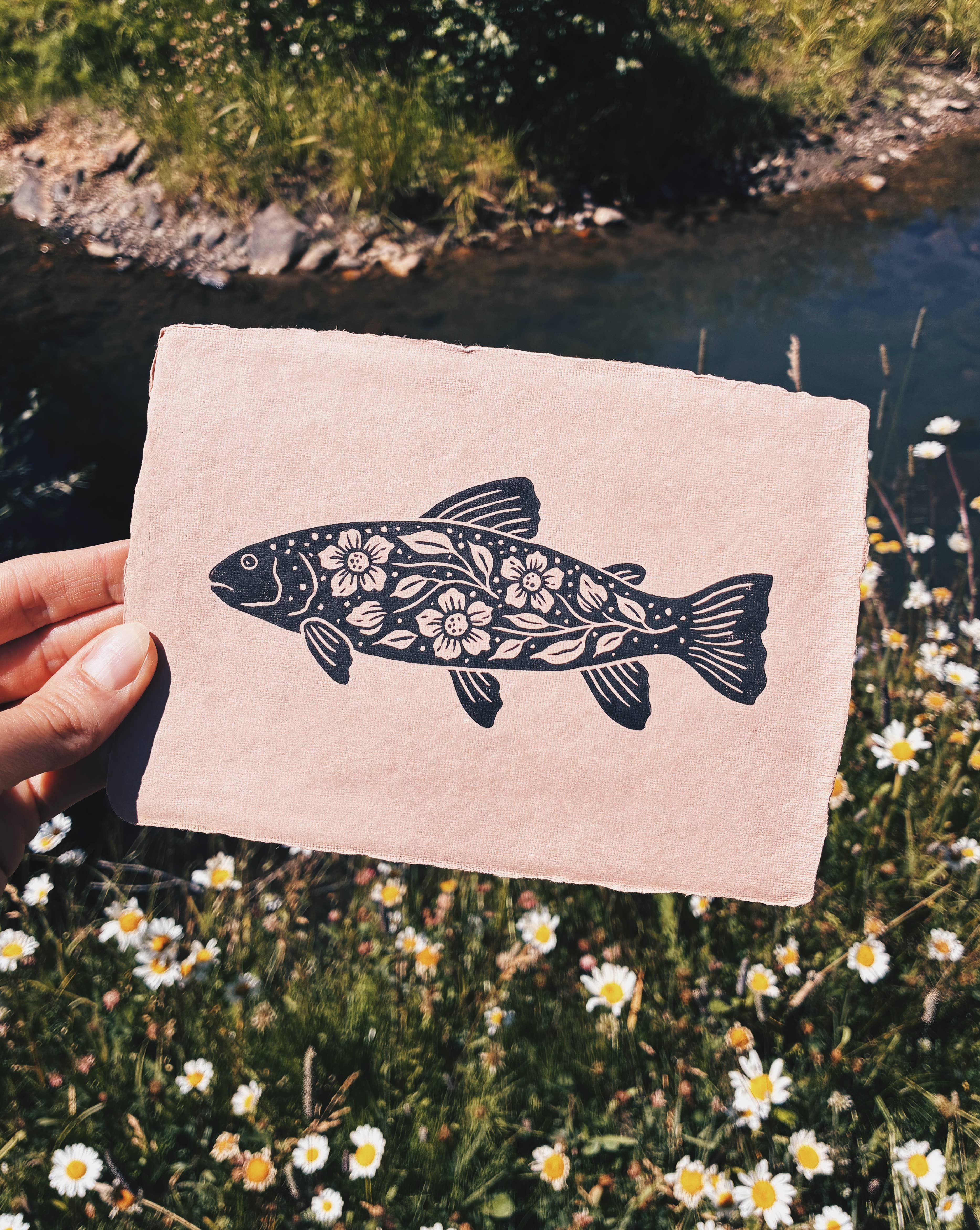 Flora West Design - Wholesale Art Print - 5x7 Folk Floral River Trout Block Print on Clay Handmade1