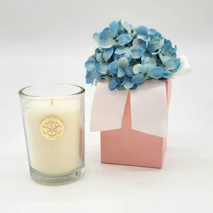Blue Hydrangea 8 oz. Flower Box Candle (case of 6) for wholesale by LUX FRAGRANCES
