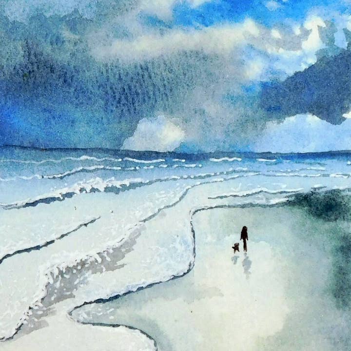 Walking the Tide Watercolor Art Print (Coastal Landscape) for wholesale by SanBCreative