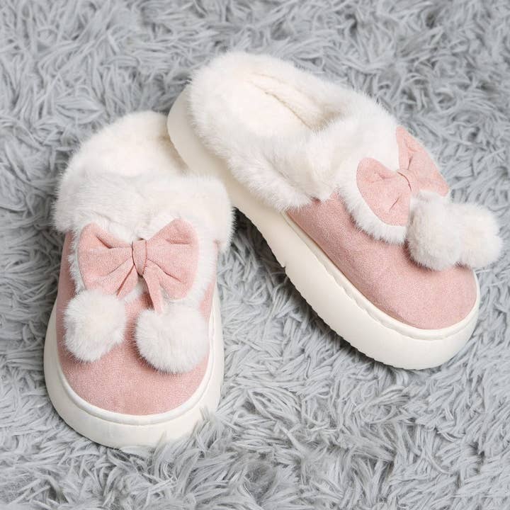 JCL6116 Superlux Faux Suede Fuzzy Bow and Pom Pom Slippers and other Purchase Wholesale pom pom slippers. Free Returns & Net 60 Terms on Faire trending on Faire.
