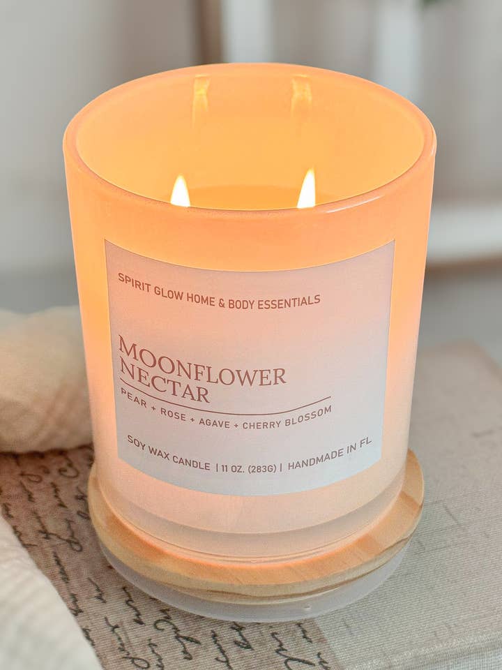 Moonflower Nectar - 11 oz. Iridescent White Glass Soy Candle for wholesale by Spirit Glow Home & Body Essentials