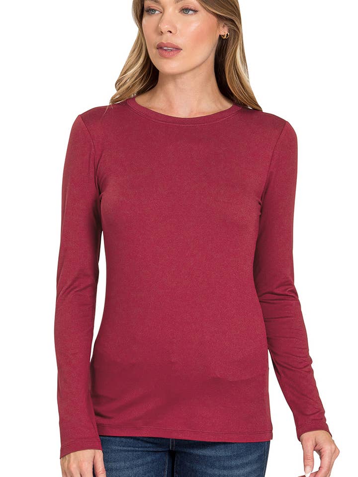 Brushed Microfiber Long Sleeve Round Neck Tee for wholesale by Vanilla Monkey