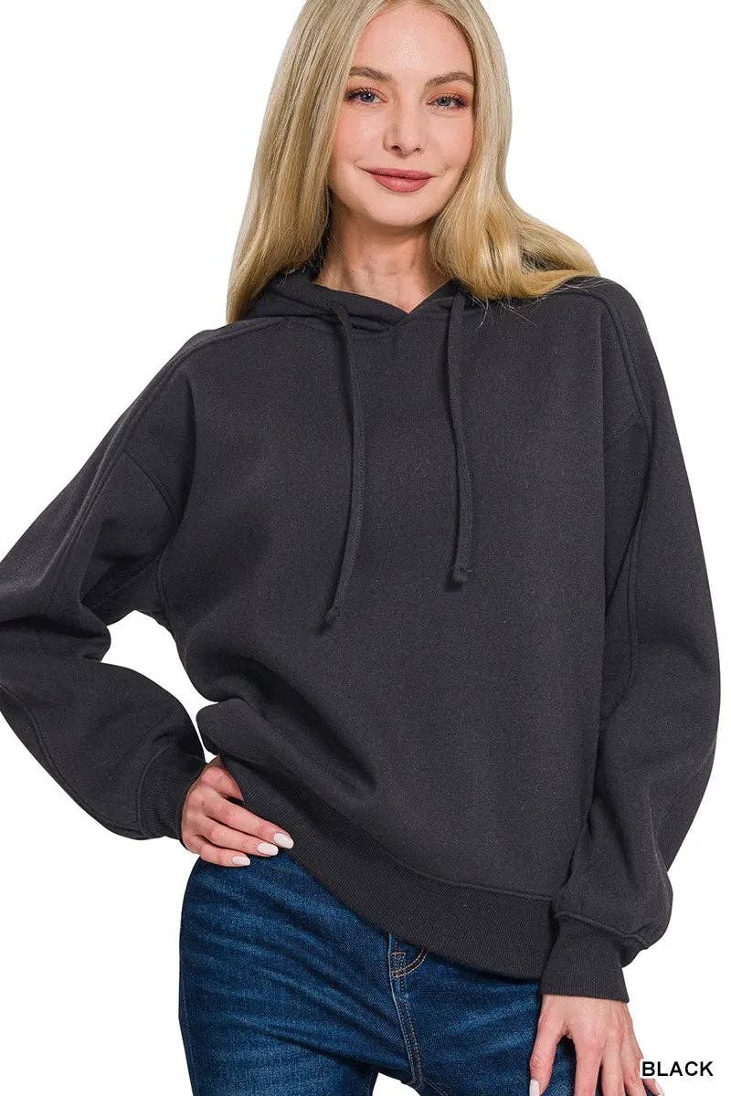 BLACK Zenana Drawstring Relaxed Fit Fleece Hoodie for wholesale on Faire