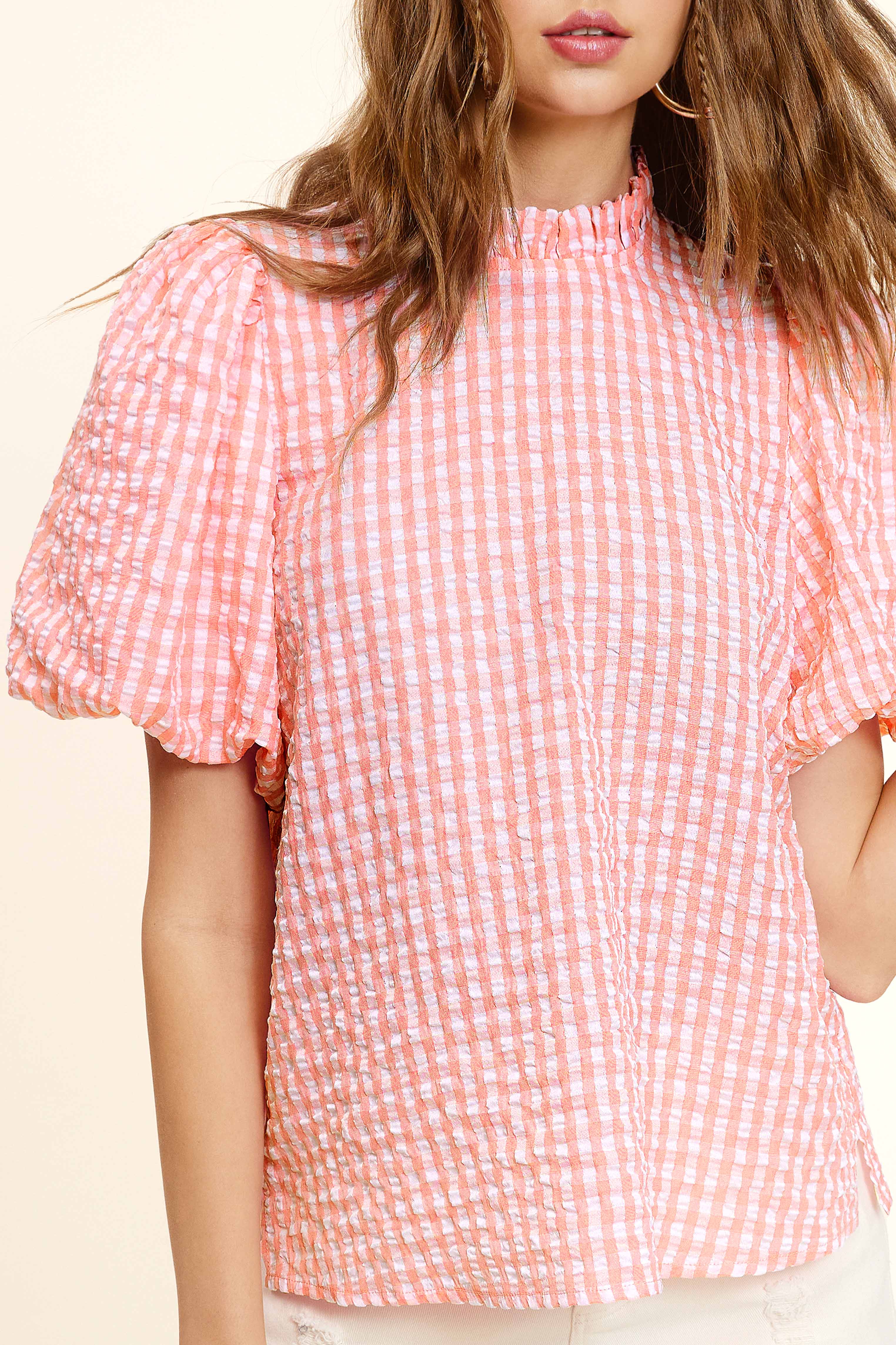 La Miel - Wholesale Blouse - Women's - HCT7697-Gingham Check Print Lovely Puff Short Sleeve Top2