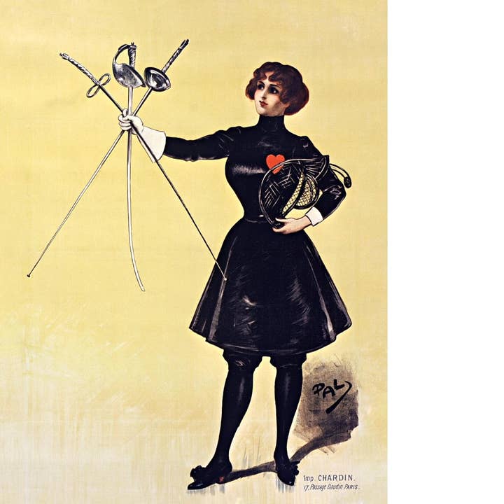 Escrimeuse vintage | Concours international d'escrime | Art mural de mode escrime | Combattre avec le cœur | Décor vintage moderne pour la vente par Rock Paper Scissors Wall Art
