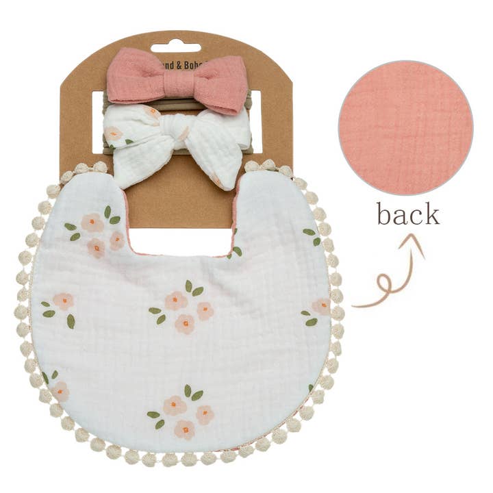 Little Trendy - Wholesale Bib - Baby - Baby Floral cotton Waterproofer Bib and Bows headband Sets