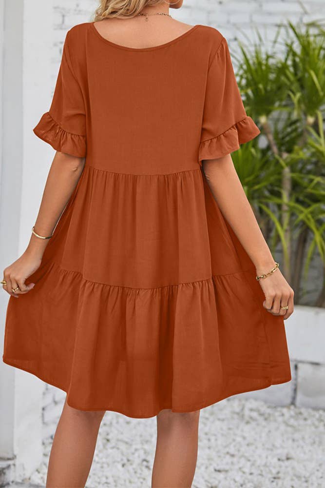 UNISHE - Vendita all'ingrosso Vestito - Donna - Abito A Balze Con Volant Con Scollo A V Semplice E Tasche MD03830