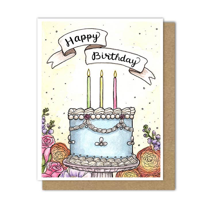Elegante tarjeta de felicitación con forma de tarta de cumpleaños de primavera (inglés/español) para venta al por mayor de Motif's Art Studio