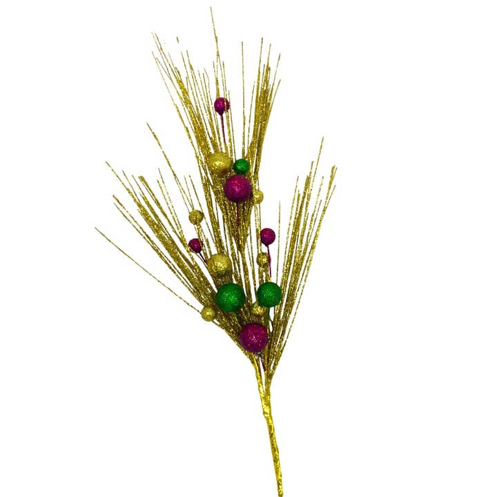 31" Mardi Gras Purple, Green, and Gold Glitter Ball and Twig Spray (Each) for wholesale by Plush Appeal LLC