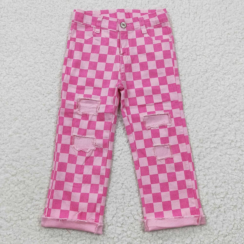 Aier Wholesale - Vente Jean – enfant - Pantalon cool en jean à carreaux roses pour petites filles0