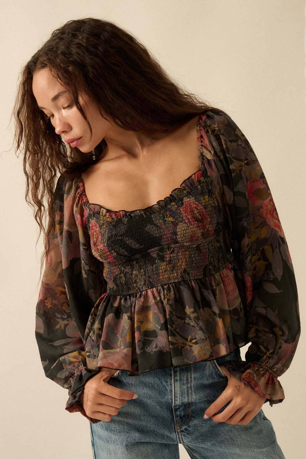 Promesa USA - Wholesale Blouse - Women's - Floral-Print Smocked Sweetheart Peplum Peasant Top2