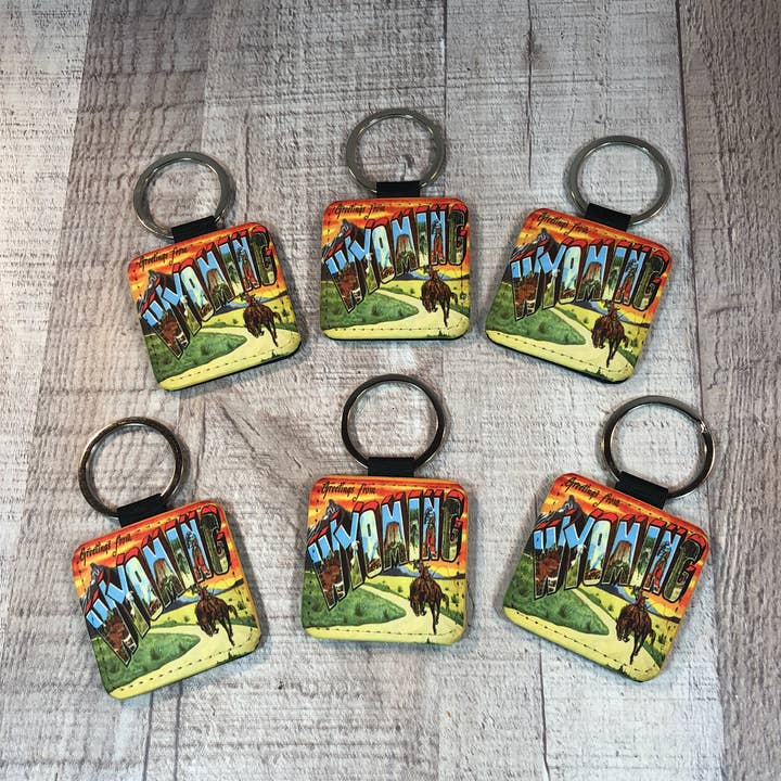 Greetings from Wyoming vintage postcard style Key Ring for wholesale by GP Originals