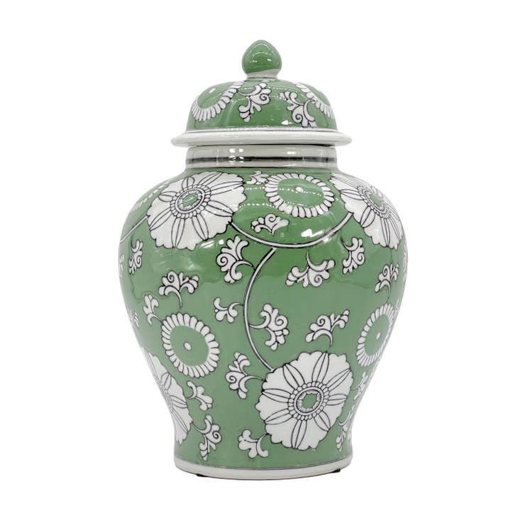 Galt International Company - Wholesale Decorative Jar - Green & White Ceramic Chinoiserie Jar 12"