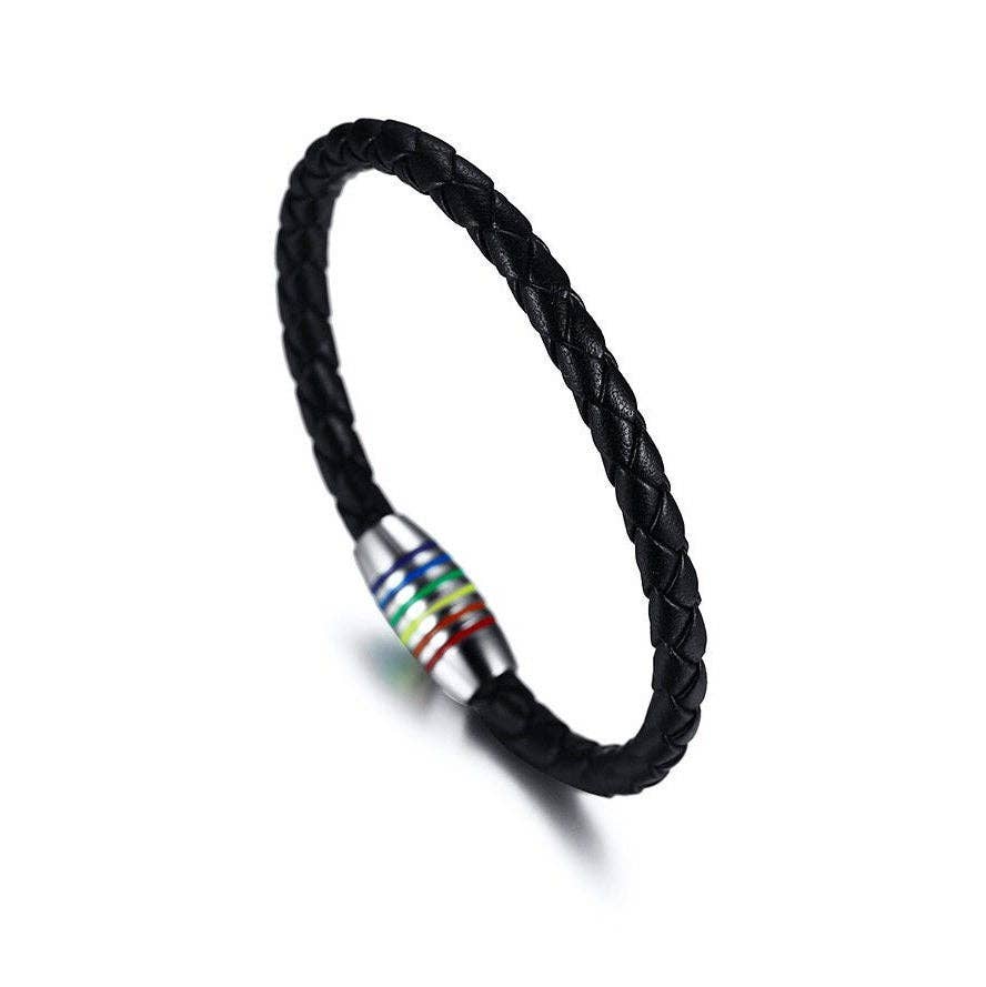 Perimade & Co. LLC - Wholesale Woven/Braided Bracelet - Rainbow LGBTQ Pride Bracelet in Stainless Steel, PU Leather2