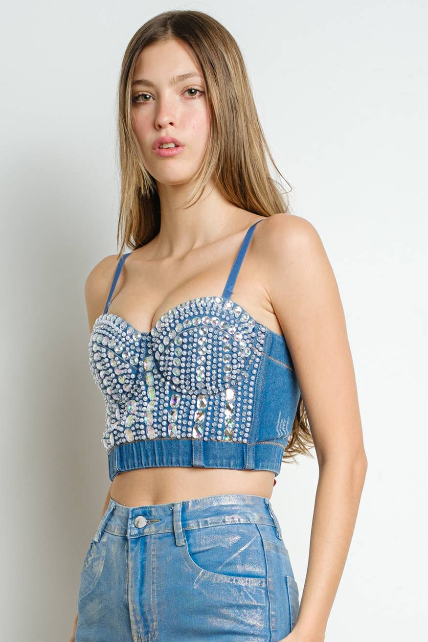 IC2653 Faux Pearl and Rhinestone Denim Corset Top for wholesale on Faire2
